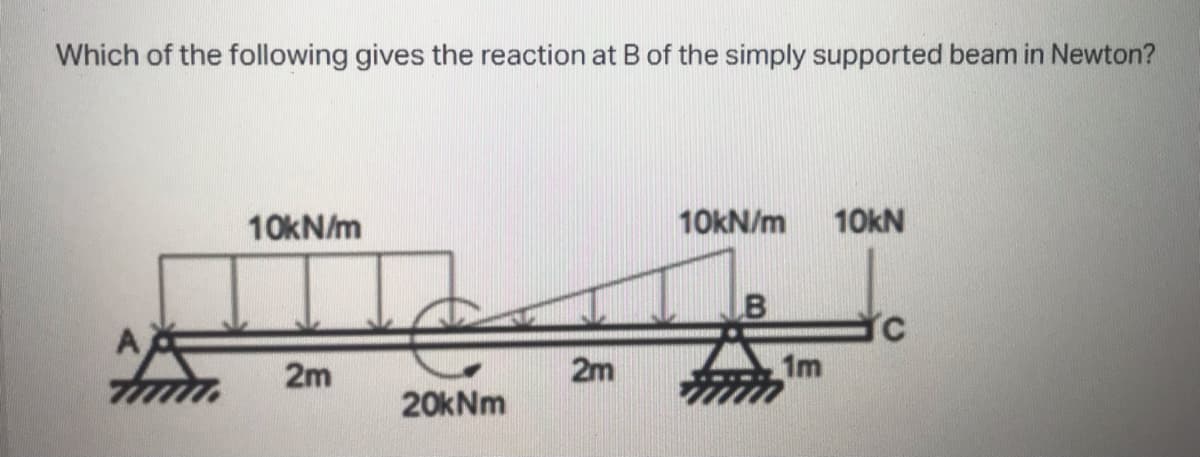 Which of the following gives the reaction at B of the simply supported beam in Newton?
10KN/m
10KN/m
10KN
mn.
2m
2m
1m
20kNm
