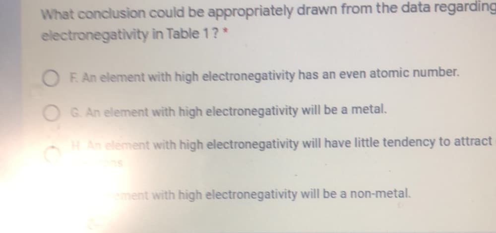 **Question:**

What conclusion could be appropriately drawn from the data regarding electronegativity in Table 1?

**Options:**

- F. An element with high electronegativity has an even atomic number.
- G. An element with high electronegativity will be a metal.
- H. An element with high electronegativity will have little tendency to attract electrons.
- I. An element with high electronegativity will be a non-metal.