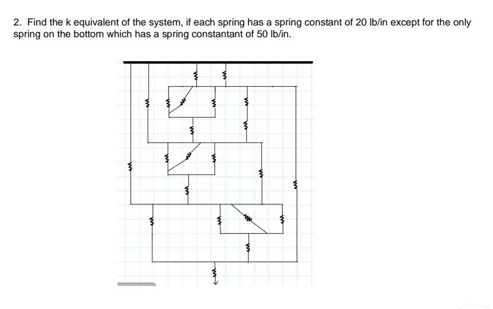 2. Find the k equivalent of the system, if each spring has a spring constant of 20 lb/in except for the only
spring on the bottom which has a spring constantant of 50 lb/in.
