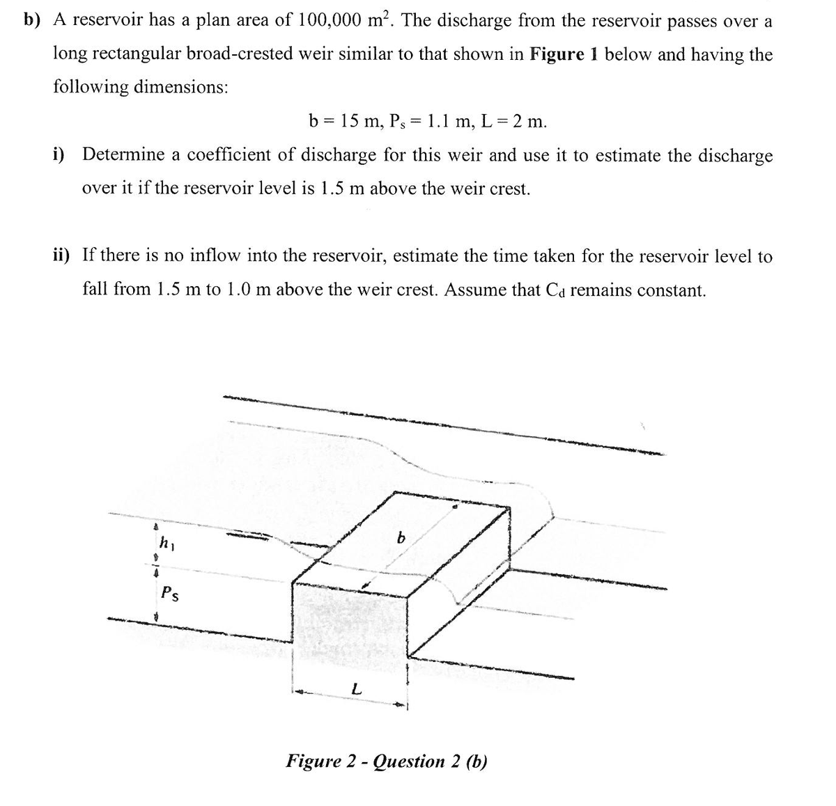 b) A reservoir has a plan area of 100,000 m². The discharge from the reservoir passes over a
long rectangular broad-crested weir similar to that shown in Figure 1 below and having the
following dimensions:
b = 15 m, Ps =1.1 m, L = 2 m.
%3D
i) Determine a coefficient of discharge for this weir and use it to estimate the discharge
over it if the reservoir level is 1.5 m above the weir crest.
ii) If there is no inflow into the reservoir, estimate the time taken for the reservoir level to
fall from 1.5 m to 1.0 m above the weir crest. Assume that Cd remains constant.
Ps
Figure 2 - Question 2 (b)
