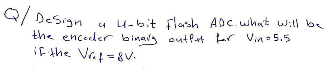 Q/Design
4-bit flash ADC.what will be
the encoder binaly outfut for Vin=5.5
iF the Vref =8V.
