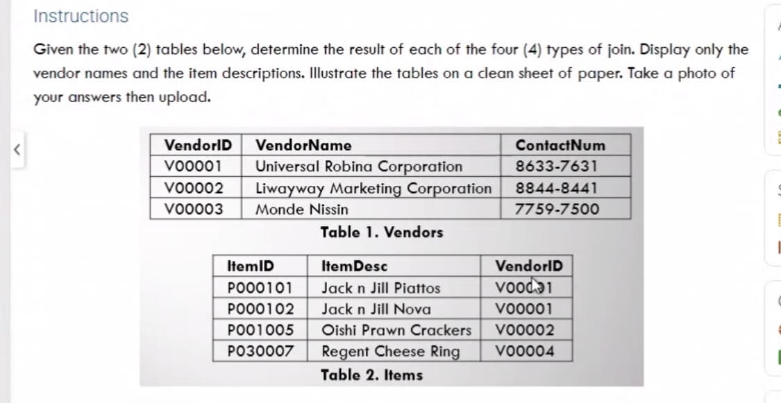 Instructions
Given the two (2) tables below, determine the result of each of the four (4) types of join. Display only the
vendor names and the item descriptions. Illustrate the tables on a clean sheet of paper. Take a photo of
your answers then upload.
VendorID
VendorName
Contact Num
V00001
Universal Robina Corporation
8633-7631
V00002 Liwayway Marketing Corporation
8844-8441
V00003
Monde Nissin
7759-7500
Table 1. Vendors
Item Desc
Jack n Jill Piattos
Jack n Jill Nova
Oishi Prawn Crackers
Regent Cheese Ring
Table 2. Items
ItemID
P000101
PO00102
PO01005
PO30007
VendorID
VOO
V00001
V00002
V00004