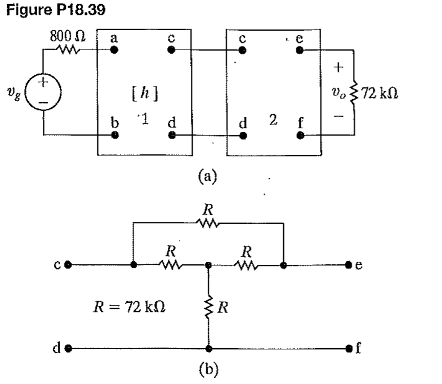 Figure P18.39
800 N
V g
+
с
de
a
b
[h]
C
1 d
R
R = 72kQ
(a)
R
R
(b)
с
d
R
e
2 f
+
Vo ₂ {72kQ
e
CD
of