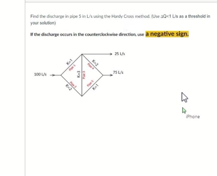 Find the discharge in pipe 5 in L/s using the Hardy Cross method. (Use AQ<1 L/s as a threshold in
your solution)
If the discharge occurs in the counterclockwise direction, use a negative sign.
100 L/s
K=1
Pipe 1
K=2
K=3
Pipe 3
Pipe 2
Pipe 4
K=2
Pipe S
K=1
25 L/s
75 L/s
h
iPhone