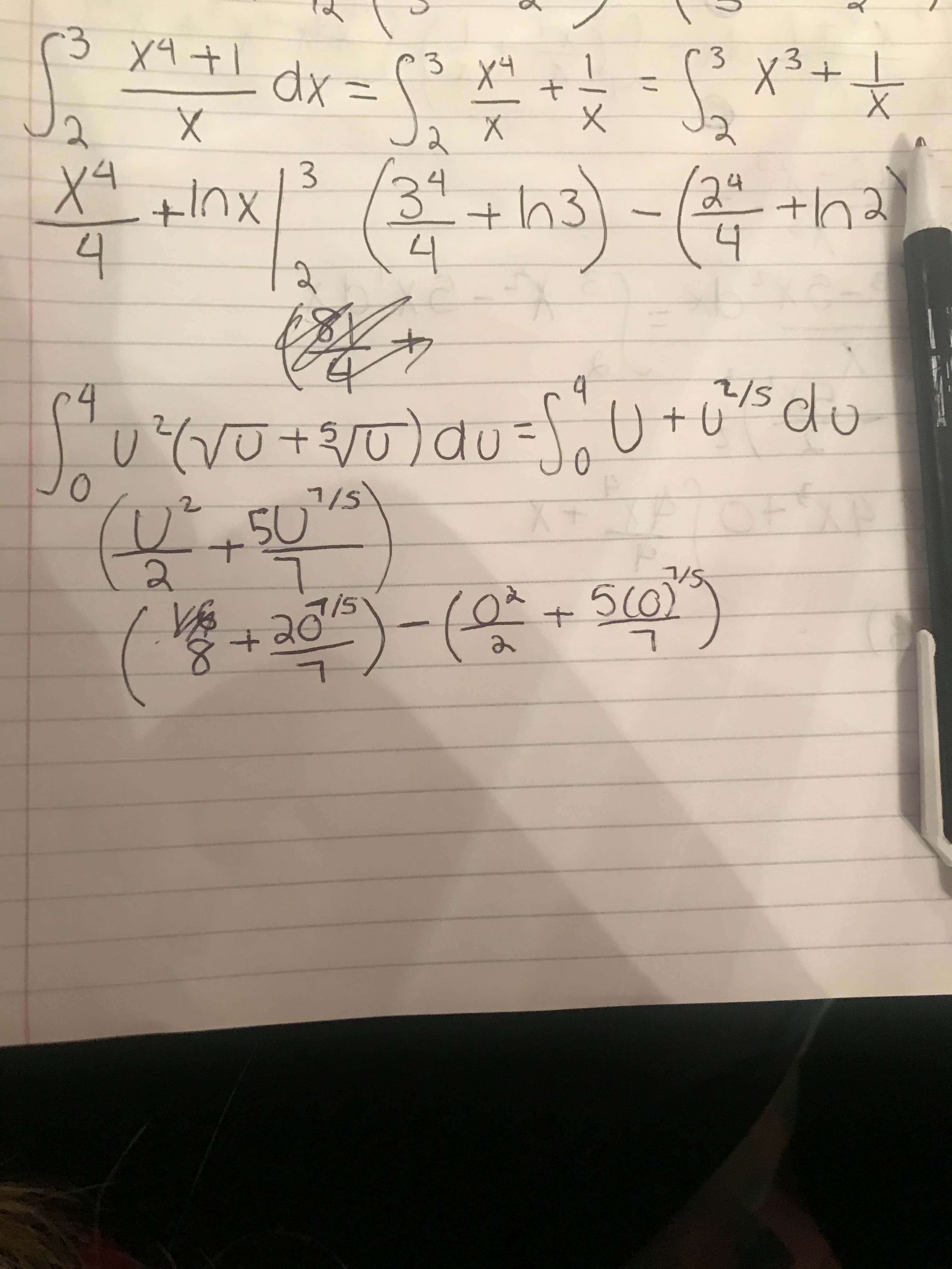 (3 x9+1
dx = (? x" + = x²*
23
x3+
X4
3
ns).
+inx
3°
24 tha
4
h3
12
2/5
du
do
7/5
-50
20/s
50)
