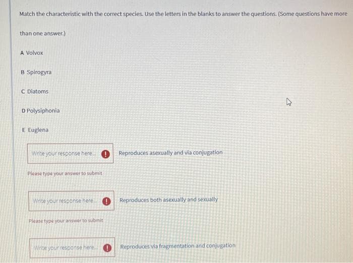 Match the characteristic with the correct species. Use the letters in the blanks to answer the questions. (Some questions have more
than one answer.)
A Volvox
B Spirogyra
C Diatoms
D Polysiphonia
E Euglena
Write your response here
Please type your answer to submit
Write your response here. !
Please type your answer to submit
Write your response here...
Reproduces asexually and via conjugation
Reproduces both asexually and sexually
Reproduces via fragmentation and conjugation