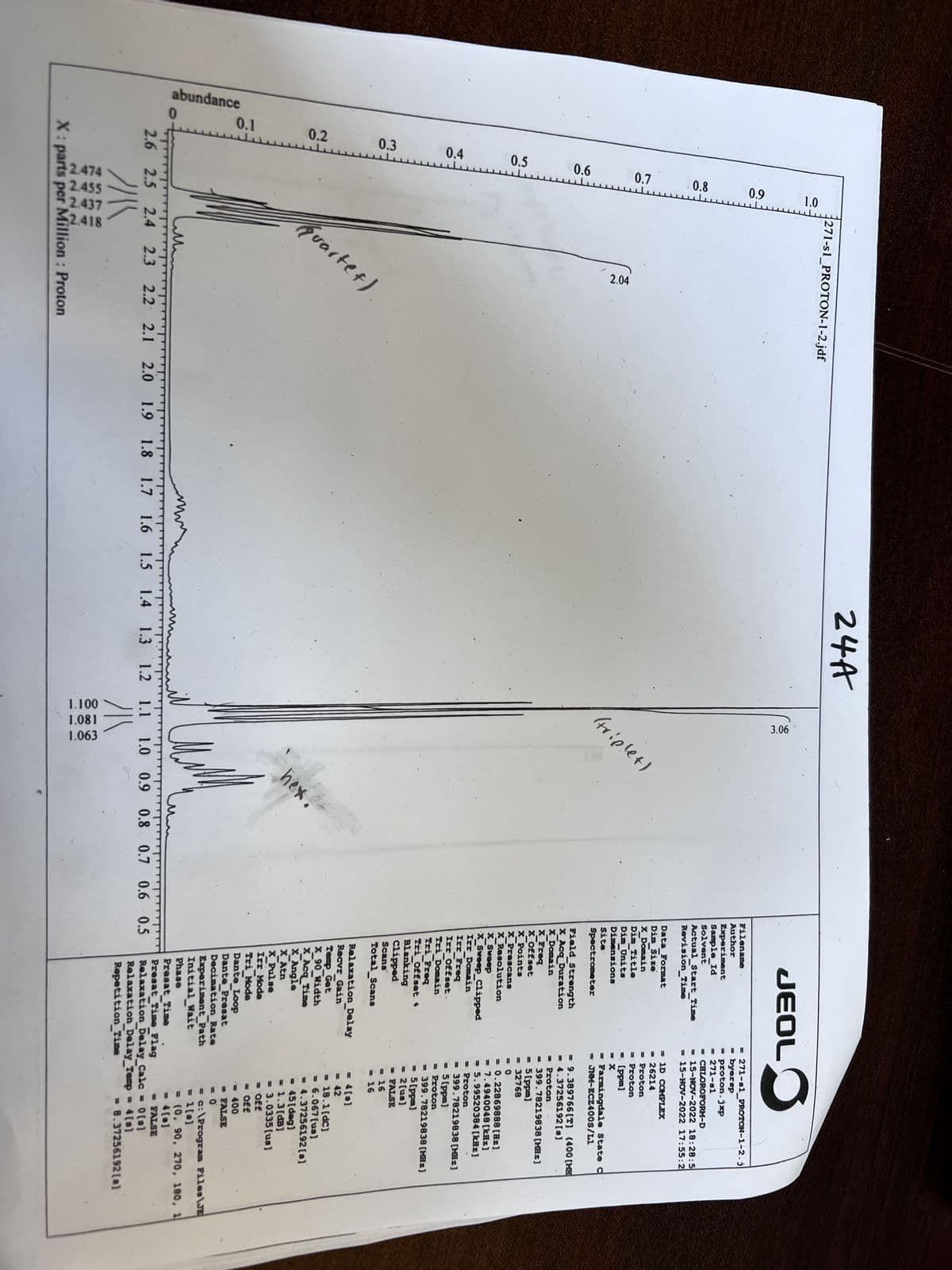 abundance
0
0.2
0.1
0.3
0.4
2.6
0.5
0.6
0.7
0.8
1.0
0.9
271-s1_PROTON-1-2.jdf
2.04
(quartet).
2.5 2.4 2.3 2.2 2.1 2.0
//\\\\
X: parts per Million : Proton
1.9
1.8 1.7 1.6
1.5
24A
3.06
(triplet)
hex.
1.100
1.081
1.063
Filename.
Author
Experiment
Sample Id
Solvent
JEOLO
Actual_Start_Time
Revision Time
Data Format
Dim Size
X_Domain
Dim_Title
Dim Units
Dimensions
Site
Spectrometer
Field_Strength
X_Acq Duration
X_Domain
X_Freq
X_Offset
X Points
X_Prescans
X_Resolution
X_Sweep
1.4 1.3 1.2 1.1 1.0 0.9 0.8 0.7 0.6 0.5
/11
X Sweep_Clipped
Irr Domain
Irr_Freq
Irr Offset-
Tri Domain
Tri Freq
Tri Offset
Blanking
Clipped
Scans
Total_ Scans
Relaxation_Delay
Recvr_Gain
Temp Get
X 90 Width
= 271-s1_PROTON-1-2.j
byersp
= proton.jxp
= 271-81
= CHLOROFORM-D
= 15-NOV-2022 18:28:5
= 15-NOV-2022 17:55:2
X_Acq_Time
X_Angle
X Atn
X Pulse
Irr Mode
Tri Mode
Dante Loop
Dante Presat
Decimation Rate
Experiment Path
Initial_Wait
Phase
= 1D COMPLEX
= 26214
= Proton
= Proton
= (ppm]
= X
= Farmingdale State c
= JNM-ECZ400S/L1
= 9.389766[T] (400 [ME
= 4.37256192 [s]
= Proton
= 399.78219838 [MHz]
= 5(ppm)
= 32768
<= 0
= 0.22869888 [Hz].
= 7.4940048 [kHz)
= 5.99520384 [kHz]
= Proton
= 399.78219838 [MHz]
= 5(ppm]
= Proton
= 399.78219838 [MHz]
5 (ppm)
= 2 [us]
= FALSE
= 16
<= 16
= 4 [s]
= 42
= 18.1[dc]
= 6.067 [us]
= 4.37256192 [s]
45 [deg)
1.3[dB]
= 3.0335 [us]
= Off
= Off
= 400
= FALSE
= 0
= C:\Program Files\JE
= 1[s]
= (0, 90, 270, 180, 1
= 4 [s]
Presat_Time .
Presat_Time_Flag
= FALSE
Relaxation_Delay_Calc = 0[s]
Relaxation Delay_Temp = 4 [s]
Repetition Time
= 8.37256192[a]