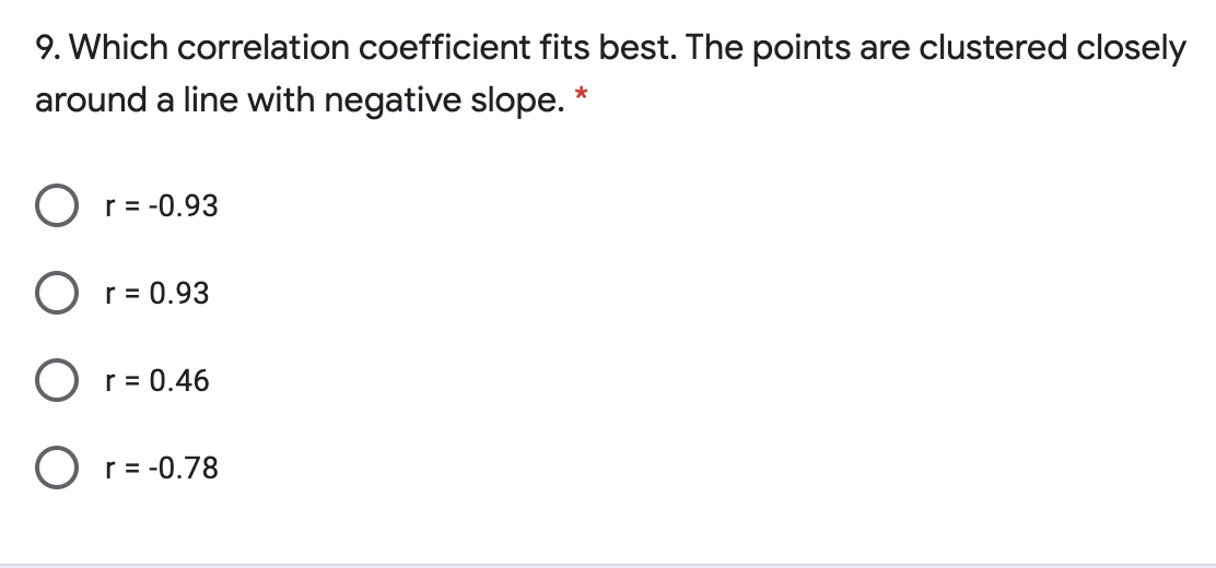 9. Which correlation coefficient fits best. The points are clustered closely
around a line with negative slope. *
O r= -0.93
O r= 0.93
O r = 0.46
r = -0.78
