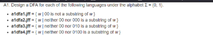 A1. Design a DFA for each of the following languages under the alphabet Z = (0, 1).
• a1dfa1.jff = {w | 00 is not a substring of w}
• a1dfa2.jff = {w|neither 00 nor 000 is a substring of w}
• a1dfa3.jff = {w|neither 00 nor 010 is a substring of w}
. a1dfa4.jfr = {w | neither 00 nor 0100 is a substring of w}