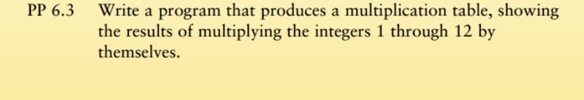 Write a program that produces a multiplication table, showing
the results of multiplying the integers 1 through 12 by
themselves.
PP 6.3
