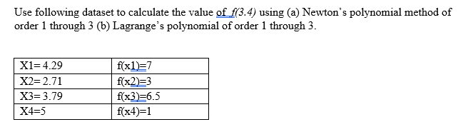 Use following dataset to calculate the value of f(3.4) using (a) Newton's polynomial method of
order 1 through 3 (b) Lagrange's polynomial of order 1 through 3.
X1= 4.29
f(x1)=7
X2= 2.71
f(x2)=3
f(x3)=6.5
f(x4)=1
X3= 3.79
X4=5
