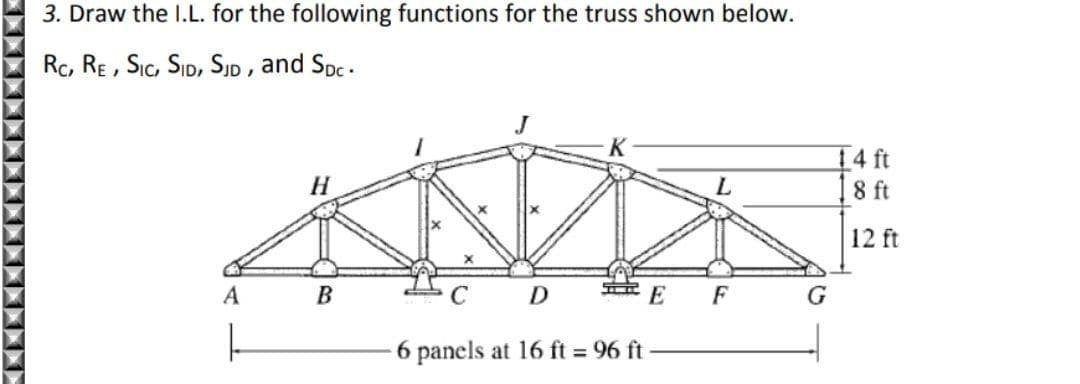 3. Draw the I.L. for the following functions for the truss shown below.
RC, RE, SIC, SID, SJD, and SDC.
J
XX
D
A
H
B
K
6 panels at 16 ft = 96 ft
E F
G
14 ft
8 ft
12 ft