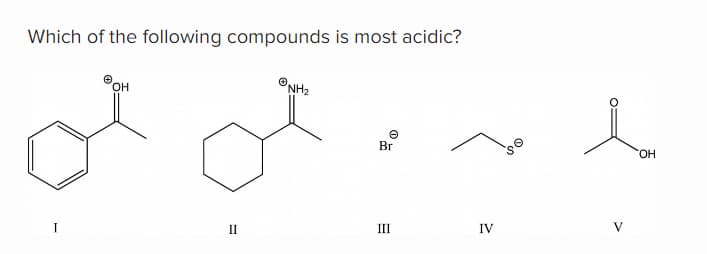 Which of the following compounds is most acidic?
NH₂
OH
oi of
I
II
e
Br
III
IV
95
V
OH