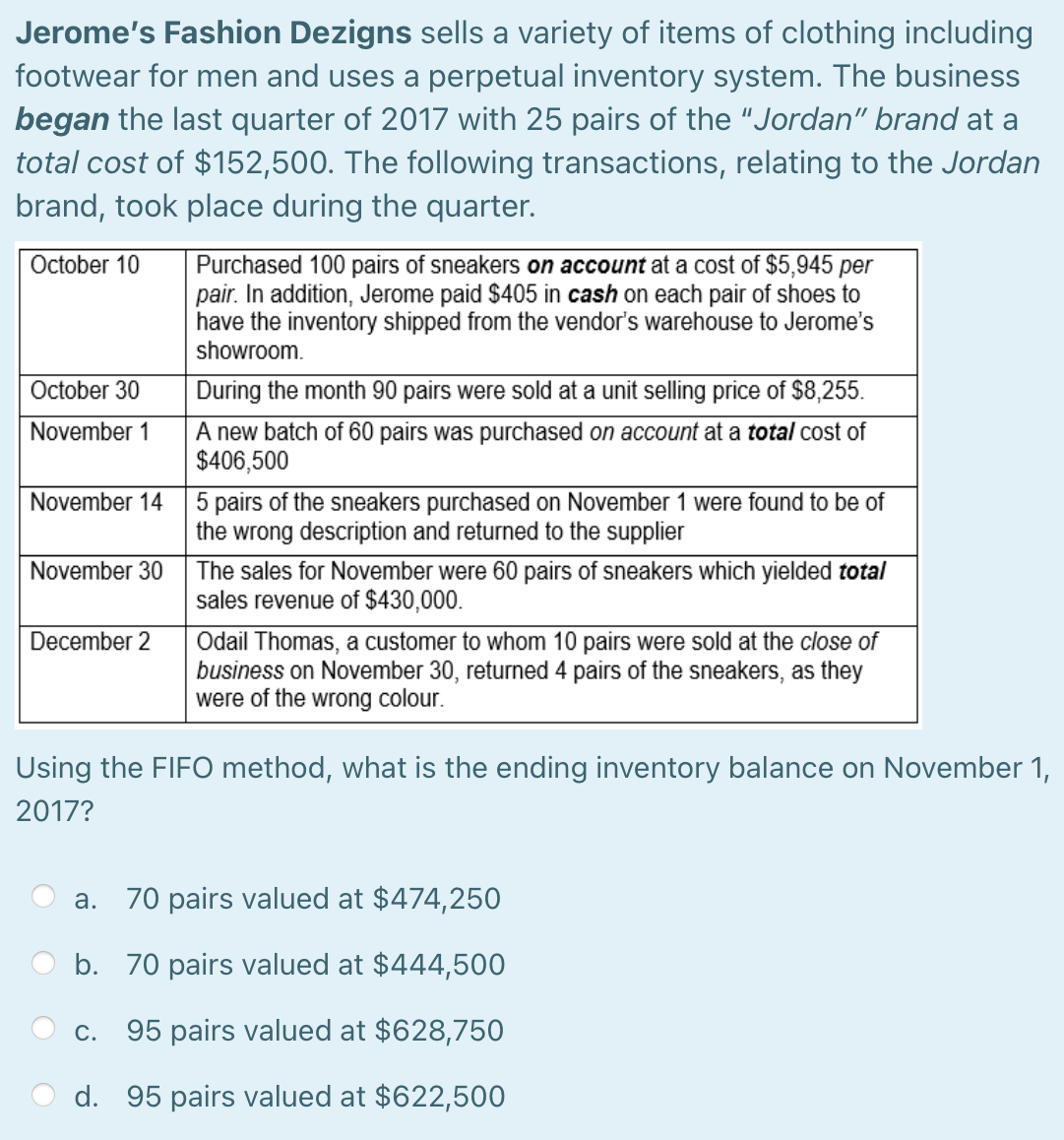 Jerome's Fashion Dezigns sells a variety of items of clothing including
footwear for men and uses a perpetual inventory system. The business
began the last quarter of 2017 with 25 pairs of the "Jordan" brand at a
total cost of $152,500. The following transactions, relating to the Jordan
brand, took place during the quarter.
October 10
Purchased 100 pairs of sneakers on account at a cost of $5,945 per
pair. In addition, Jerome paid $405 in cash on each pair of shoes to
have the inventory shipped from the vendor's warehouse to Jerome's
showroom.
October 30
During the month 90 pairs were sold at a unit selling price of $8,255.
A new batch of 60 pairs was purchased on account at a total cost of
$406,500
November 1
November 14
5 pairs of the sneakers purchased on November 1 were found to be of
the wrong description and returned to the supplier
November 30
The sales for November were 60 pairs of sneakers which yielded total
sales revenue of $430,000.
Odail Thomas, a customer to whom 10 pairs were sold at the close of
business on November 30, returned 4 pairs of the sneakers, as they
were of the wrong colour.
December 2
Using the FIFO method, what is the ending inventory balance on November 1,
2017?
a. 70 pairs valued at $474,250
b. 70 pairs valued at $444,500
C.
95 pairs valued at $628,750
d. 95 pairs valued at $622,500
