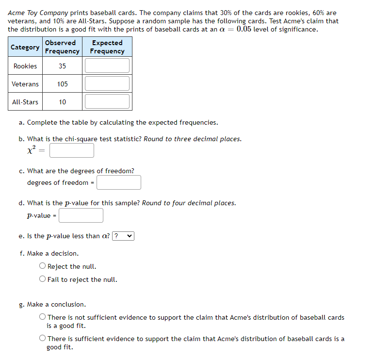 Acme Toy Company prints baseball cards. The company claims that 30% of the cards are rookies, 60% are
veterans, and 10% are All-Stars. Suppose a random sample has the following cards. Test Acme's claim that
the distribution is a good fit with the prints of baseball cards at an a = 0.05 level of significance.
Observed
Expected
Frequency
Category
Frequency
Rookies
35
Veterans
105
All-Stars
10
a. Complete the table by calculating the expected frequencies.
b. What is the chi-square test statistic? Round to three decimal places.
x² =
c. What are the degrees of freedom?
degrees of freedom =
d. What is the p-value for this sample? Round to four decimal places.
p-value =
e. Is the p-value less than a? ?
f. Make a decision.
O Reject the null.
O Fail to reject the null.
g. Make a conclusion.
O There is not sufficient evidence to support the claim that Acme's distribution of baseball cards
is a good fit.
O There is sufficient evidence to support the claim that Acme's distribution of baseball cards is a
good fit.
