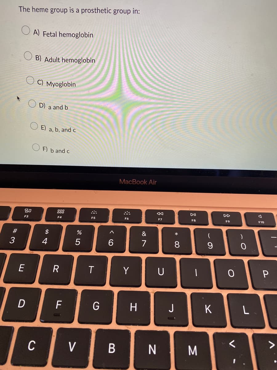 #3
The heme group is a prosthetic group in:
80
F3
וח
E
D
A) Fetal hemoglobin
B) Adult hemoglobin
C
C) Myoglobin
D) a and b
E) a, b, and c
F) b and c
$
4
F4
R
F
%
5
V
܀
F5
T
G
^
B
MacBook Air
F6
Y
H
&
◄◄
F7
U
N
* 00
8
J
DII
F8
-
M
(
9
K
DD
F9
O
V
I
:)
0
4
F10
P
|