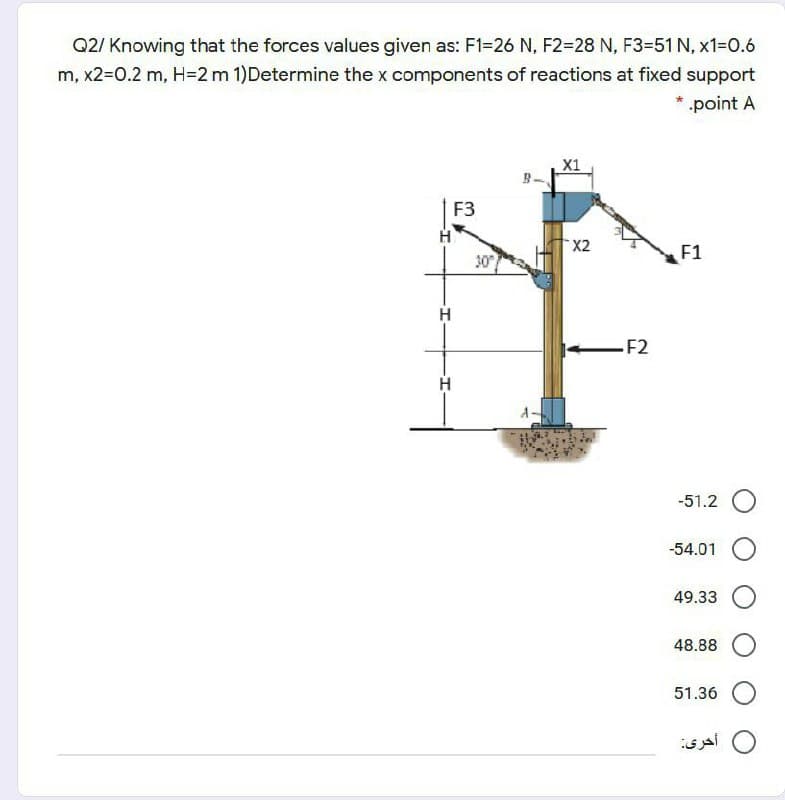 Q2/ Knowing that the forces values given as: F1=26 N, F2=28 N, F3=51 N, x1=D0.6
m, x2=0.2 m, H=2 m 1)Determine the x components of reactions at fixed support
* .point A
X1
F3
X2
F1
30
F2
-51.2
-54.01
49.33
48.88
51.36
أحرى
