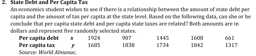 2. State Debt and Per Capita Tax
An economics student wishes to see if there is a relationship between the amount of state debt per
capita and the amount of tax per capita at the state level. Based on the following data, can she or he
conclude that per capita state debt and per capita state taxes are related? Both amounts are in
dollars and represent five randomly selected states.
Per capita debt
Per capita tax
1924
907
1445
1608
661
1685
1838
1734
1842
1317
y
Source: World Almanac.
