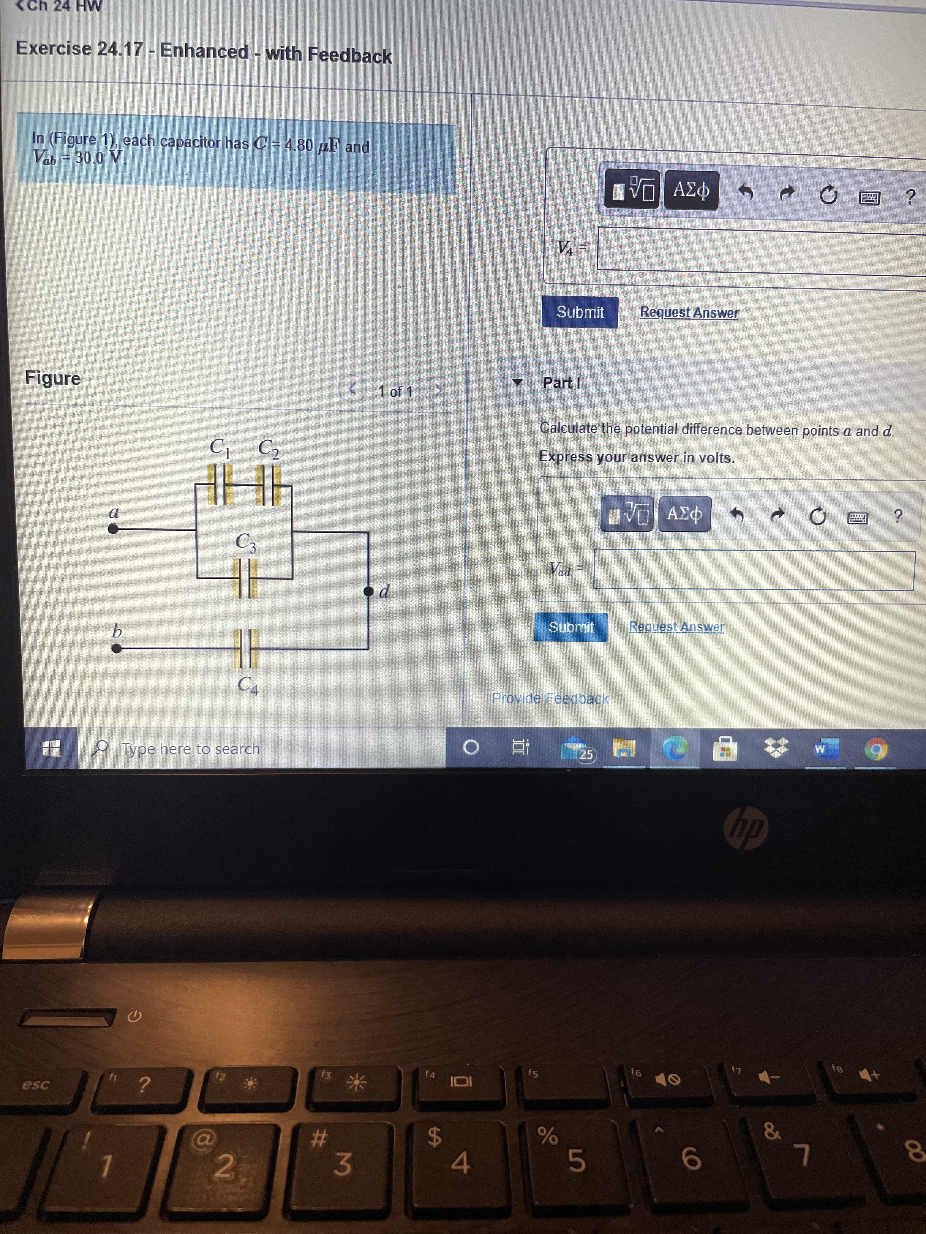 In (Figure 1), each capacitor has C = 4.80 µF and
Vab = 30.0 V
