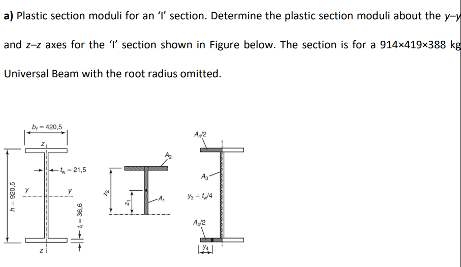 a) Plastic section moduli for an I' section. Determine the plastic section moduli about the y-y
and z-z axes for the I' section shown in Figure below. The section is for a 914×419×388 kg
Universal Beam with the root radius omitted.
b; = 420,5
Ag/2
Az
-w = 21,5
y
Y3 = W4
Ag/2
ZI
Iz
4 = 36,6
s'oz6 = 4
