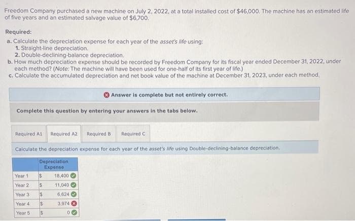 Freedom Company purchased a new machine on July 2, 2022, at a total installed cost of $46,000. The machine has an estimated life
of five years and an estimated salvage value of $6,700.
Required:
a. Calculate the depreciation expense for each year of the asset's life using:
1. Straight-line depreciation.
2. Double-declining-balance depreciation.
b. How much depreciation expense should be recorded by Freedom Company for its fiscal year ended December 31, 2022, under
each method? (Note: The machine will have been used for one-half of its first year of life.)
c. Calculate the accumulated depreciation and net book value of the machine at December 31, 2023, under each method.
Complete this question by entering your answers in the tabs below.
Required A1 Required A2
Required B
Calculate the depreciation expense for each year of the asset's life using Double-declining-balance depreciation.
Depreciation
Expense
Year 1
Year 2
Year 3
Year 4
Year 5
$
$
$
SS
$
Answer is complete but not entirely correct.
18,400.
11,040
6,624
3,974
0
Required C