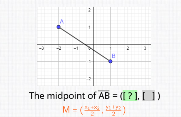 A
-3
-2
2
3
-2
The midpoint of AB = ([ ? ], [ ])
M = (2, YY2)
X1+X2 _yi+y2
2.
