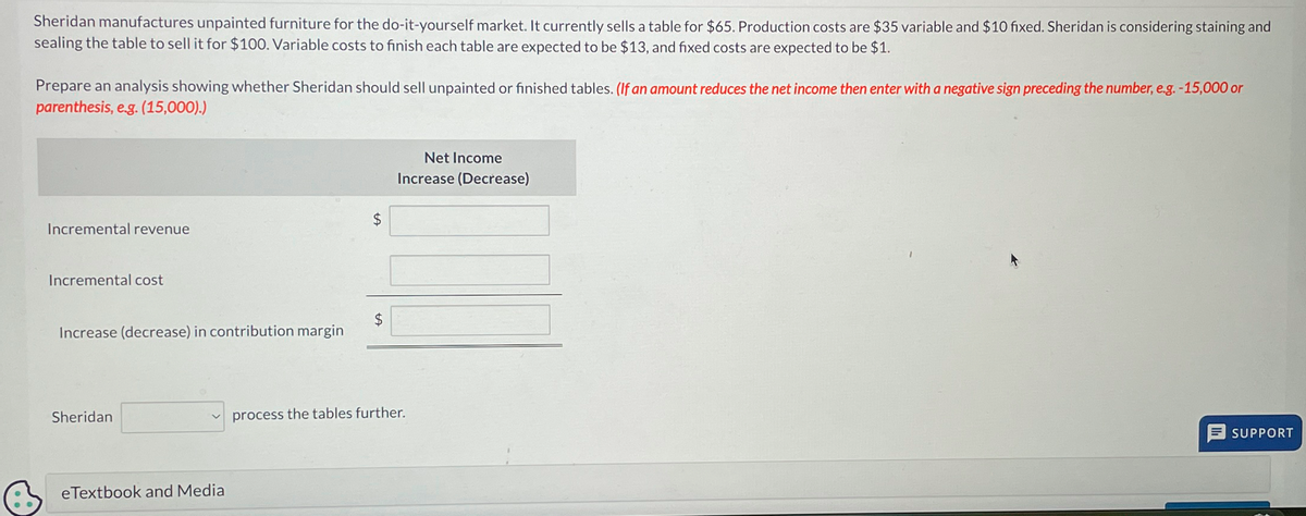 Sheridan manufactures unpainted furniture for the do-it-yourself market. It currently sells a table for $65. Production costs are $35 variable and $10 fixed. Sheridan is considering staining and
sealing the table to sell it for $100. Variable costs to finish each table are expected to be $13, and fixed costs are expected to be $1.
Prepare an analysis showing whether Sheridan should sell unpainted or finished tables. (If an amount reduces the net income then enter with a negative sign preceding the number, e.g. -15,000 or
parenthesis, e.g. (15,000).)
Incremental revenue
$
Incremental cost
$
Increase (decrease) in contribution margin
Sheridan
eTextbook and Media
process the tables further.
Net Income
Increase (Decrease)
SUPPORT
