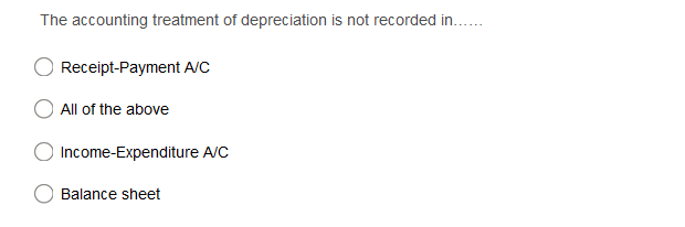 The accounting treatment of depreciation is not recorded in..
Receipt-Payment A/C
All of the above
Income-Expenditure A/C
Balance sheet
