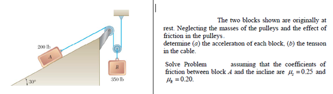 The two blocks shown are originally at
rest. Neglecting the masses of the pulleys and the effect of
friction in the pulleys.
determine (a) the acceleration of each block, (6) the tension
in the cable.
200 Ib
assuming that the coefficients of
Solve Problem
friction between block A and the incline are 4, =0.25 and
He =0.20.
B
350 lb
30
