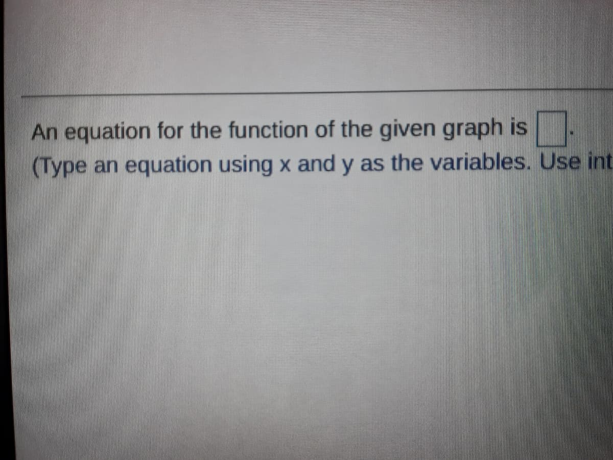 An equation for the function of the given graph is.
(Type an equation using x and y as the variables. Use int.
