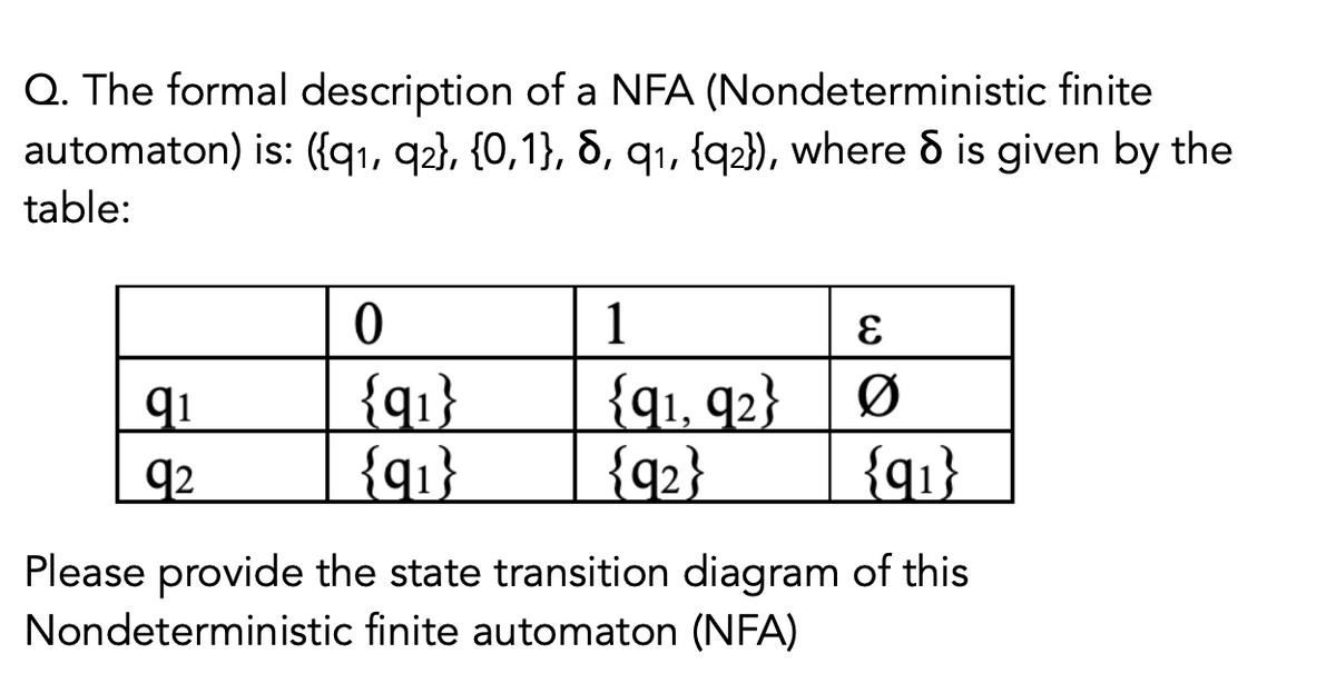 Q. The formal description of a NFA (Nondeterministic finite
automaton) is: ({qı, q2}, {0,1}, &, qı, {q2}), where & is given by the
table:
1
{q}
{q1}
{q1, q2}
{q1}
{q2}
Ø
92
Please provide the state transition diagram of this
Nondeterministic finite automaton (NFA)
