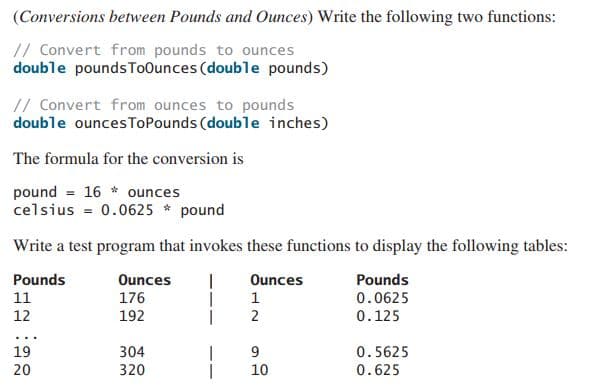 (Conversions between Pounds and Ounces) Write the following two functions:
// Convert from pounds to ounces
double poundsToOunces (double pounds)
// Convert from ounces to pounds
double ouncesToPounds (double inches)
The formula for the conversion is
pound = 16 * ounces
celsius = 0.0625 * pound
Write a test program that invokes these functions to display the following tables:
Pounds
Ounces
Ounces
Pounds
11
176
1
0.0625
12
192
2
0.125
...
19
304
9
0.5625
0.625
20
320
10
