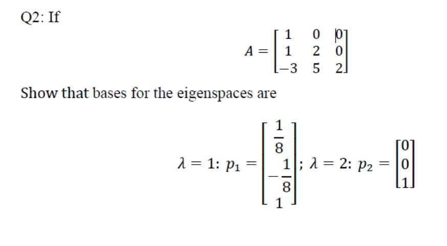 Q2: If
1 0 0
-CH
A 1 20
L-3
-3 5 2]
Show that bases for the eigenspaces are
1
8
1
-
8
1
λ = 1: P₁ =
1; λ = 2: P₂
=
-6
0