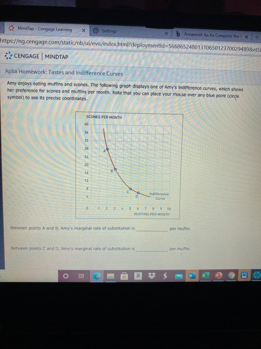 Amy enjoys eating muffins and scones. The following graph displays one of Amy's indifference curves, which shows
her preference for scones and muffins per month. Note that you can place your mouse over any blue point (circle
symbol) to see its precise coordinates.
