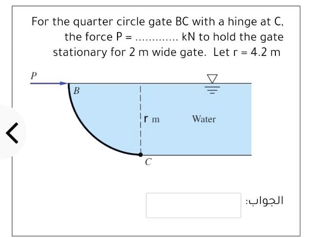 For the quarter circle gate BC with a hinge at C,
kN to hold the gate
the force P = ..
stationary for 2 m wide gate. Let r = 4.2 m
P
В
Tr m
Water
C
الجواب
