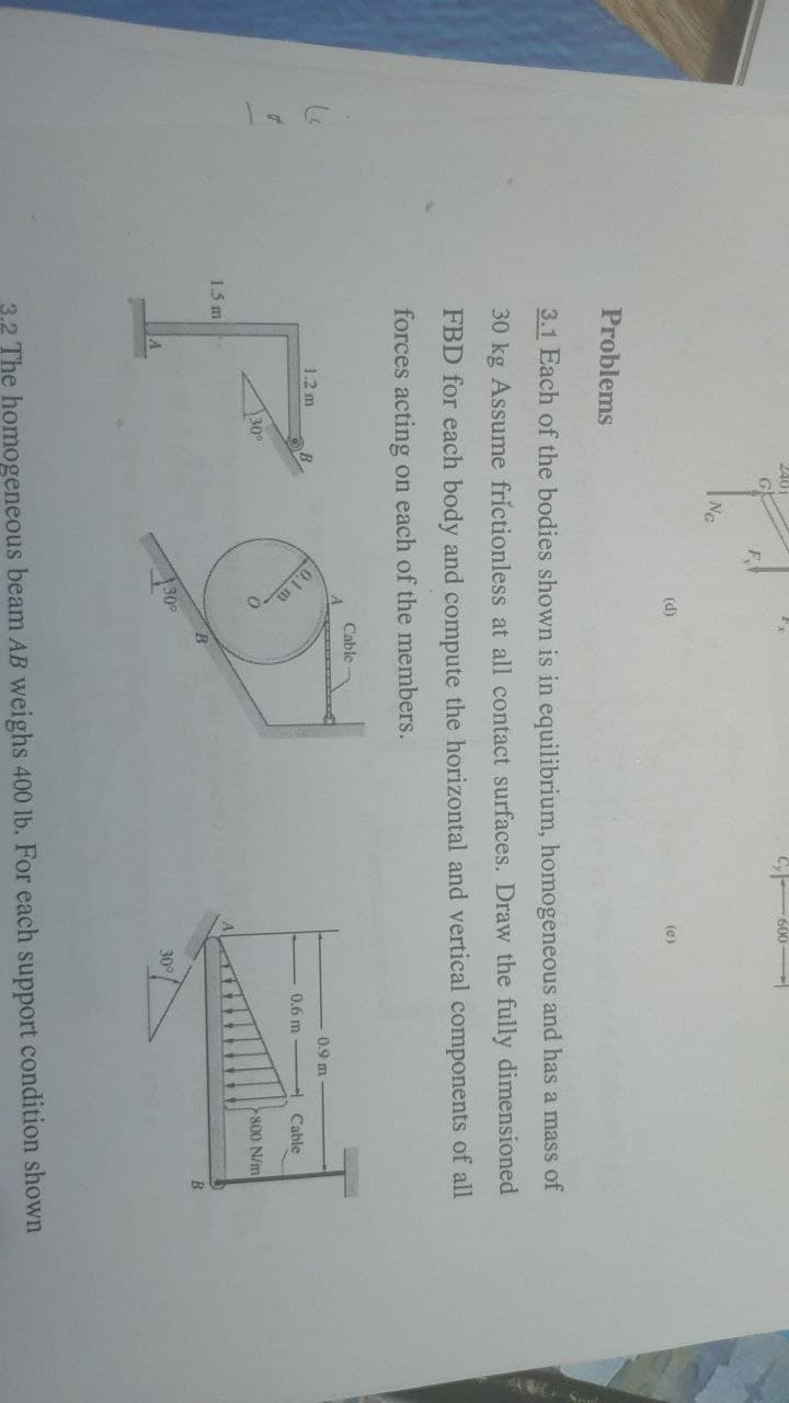 240
600
(d)
(e)
Problems
3.1 Each of the bodies shown is in equilibrium, homogeneous and has a mass of
30 kg Assume frictionless at all contact surfaces. Draw the fully dimensioned
FBD for each body and compute the horizontal and vertical components of all
forces acting on each of the members.
Cable
1.2 m
0.9 m
0,6 m
Cable
30
800 N/m
1.5 m
30°
30°
3.2 The homogeneous beam AB weighs 400 lb. For each support condition shown
