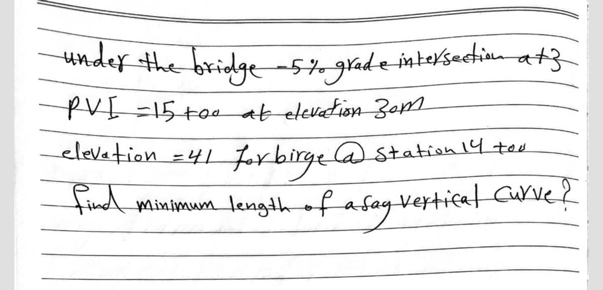 under the bridge-57.grade-intersectinn at}
t =15 t0e at elevation Zom
elevation =41 frbirge @ station 14 teu
find minimum length
tind minimum_lengthof afagverticat carve?
