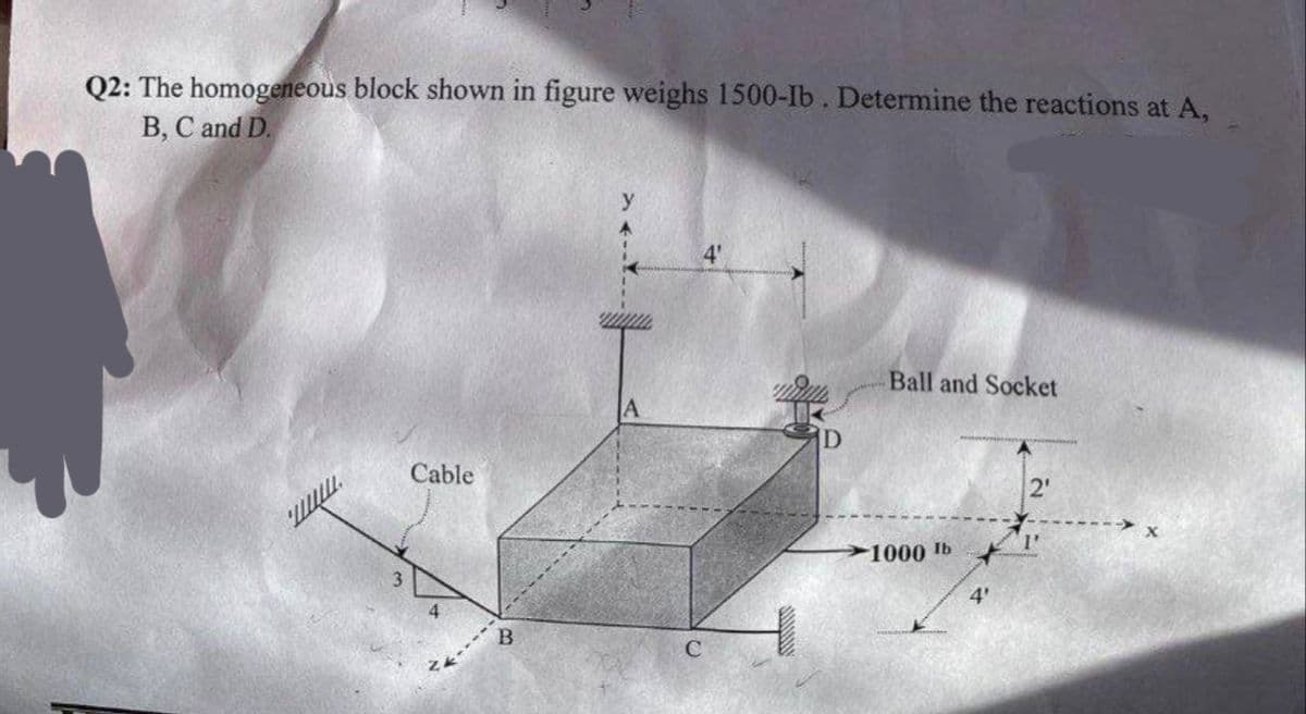 Q2: The homogeneous block shown in figure weighs 1500-Ib. Determine the reactions at A,
B, C and D.
www.
3
Cable
B
y
A
D
Ball and Socket
1000 lb
4'
2'
P'