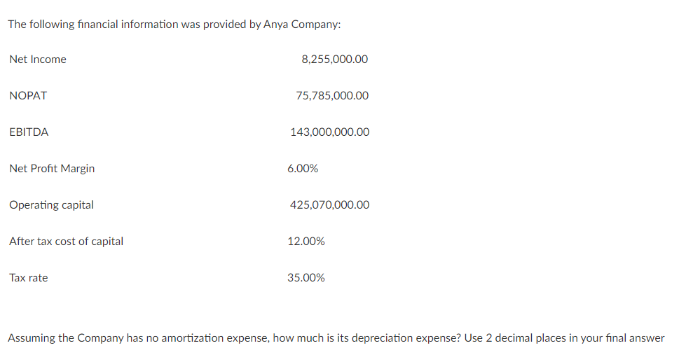 The following financial information was provided by Anya Company:
Net Income
8,255,000.00
NOPAT
75,785,000.00
EBITDA
143,000,000.00
Net Profit Margin
6.00%
Operating capital
425,070,000.00
After tax cost of capital
12.00%
Tax rate
35.00%
Assuming the Company has no amortization expense, how much is its depreciation expense? Use 2 decimal places in your final answer
