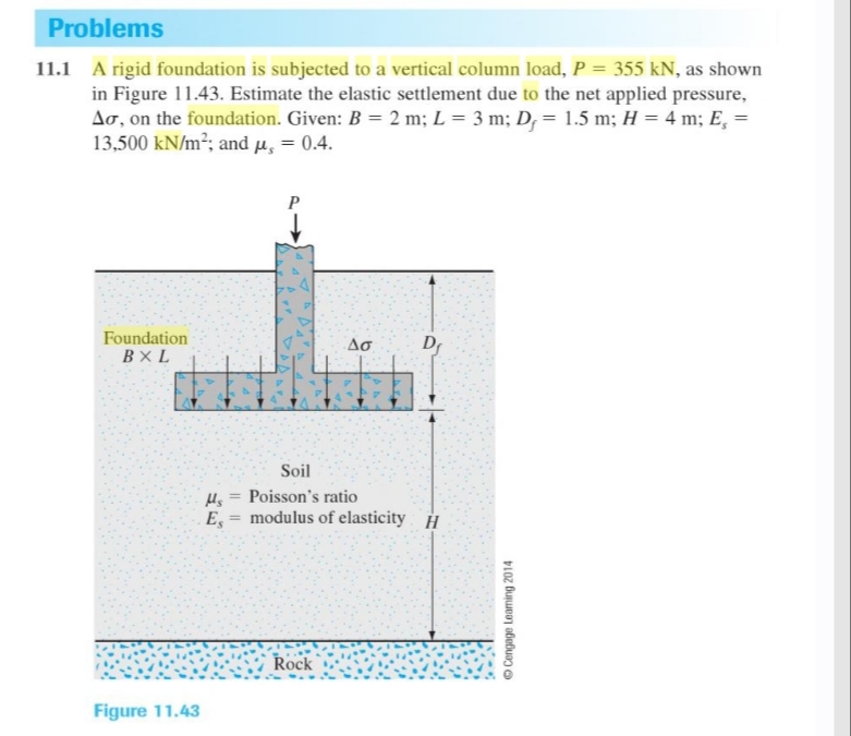 A rigid foundation is subjected to a vertical column load, P = 355 kN, as shown
in Figure 11.43. Estimate the elastic settlement due to the net applied pressure,
Ao, on the foundation. Given: B = 2 m; L = 3 m; D, = 1.5 m; H = 4 m; E, =
13,500 kN/m²; and µ, = 0.4.
Foundation
Δσ
Dr
Soil
Hg = Poisson's ratio
E,
modulus of elasticity H
%3D
Rock
O Cengage Leaming 2014
