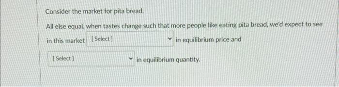 Consider the market for pita bread.
All else equal, when tastes change such that more people like eating pita bread, we'd expect to see
in this market [Select]
in equilibrium price and
[Select]
in equilibrium quantity.