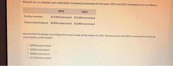 Pharoah Inc. is a calendar-year corporation. Its financial statements for the years 2022 and 2021 contained errors as follows:
2022
2021
Ending Inventory
$11300 overstated $21400 overstated
Depreciation Expense $6300 understated $13800 overstated
O $5000 understated
O $3800 overstated
$8800 overstated
$17600 overstated
Assume that the proper correcting entries were made at December 31, 2021. By how much will 2022 income before taxes be
overstated or understated?