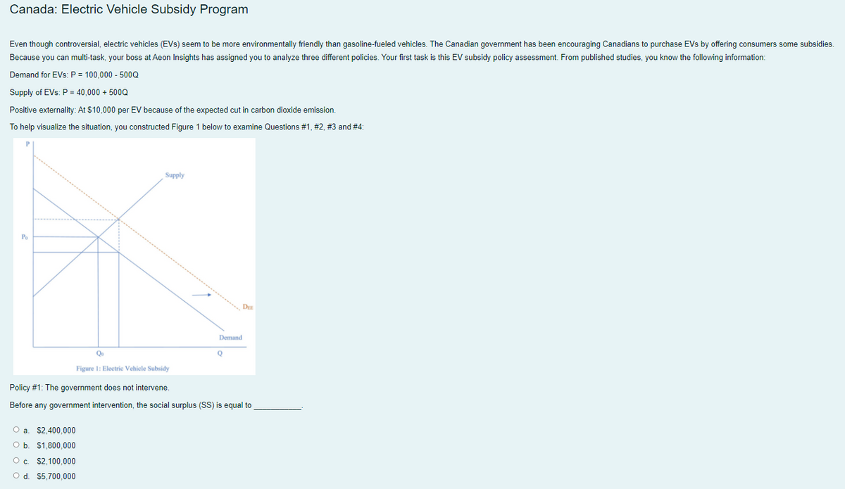 Canada: Electric Vehicle Subsidy Program
Even though controversial, electric vehicles (EVs) seem to be more environmentally friendly than gasoline-fueled vehicles. The Canadian government has been encouraging Canadians to purchase EVs by offering consumers some subsidies.
Because you can multi-task, your boss at Aeon Insights has assigned you to analyze three different policies. Your first task is this EV subsidy policy assessment. From published studies, you know the following information:
Demand for EVs: P = 100,000 - 500Q
Supply of EVs: P = 40,000 + 500Q
Positive externality: At $10,000 per EV because of the expected cut in carbon dioxide emission.
To help visualize the situation, you constructed Figure 1 below to examine Questions #1, #2, #3 and #4:
Supply
Demand
Qu
Q
Figure 1: Electric Vehicle Subsidy
Policy #1: The government does not intervene.
Before any government intervention, the social surplus (SS) is equal to
O a. $2,400,000
$1,800,000
Oc. $2,100,000
O d. $5,700,000
