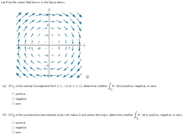 Let F be the vector field shown in the figure below.
y
2-
1-21 1
-2-
(a) If C, is the vertical line segment from (-1, -1) to (-1, 1), determine whether
F. dr is positive, negative, or zero.
positive
negative
zero
(b) If C, is the counterclockwise-oriented circle with radius 3 and center the origin, determine whether
F. dr is positive, negative, or zero.
positive
O negative
O zero
