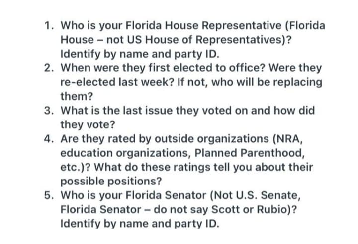 1. Who is your Florida House Representative (Florida
House - not US House of Representatives)?
Identify by name and party ID.
2. When were they first elected to office? Were they
re-elected last week? If not, who will be replacing
them?
3. What is the last issue they voted on and how did
they vote?
4. Are they rated by outside organizations (NRA,
education organizations, Planned Parenthood,
etc.)? What do these ratings tell you about their
possible positions?
5. Who is your Florida Senator (Not U.S. Senate,
Florida Senator - do not say Scott or Rubio)?
Identify by name and party ID.
