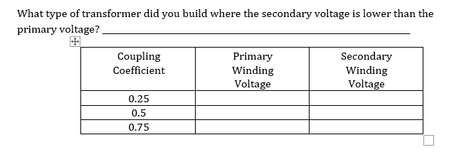 What type of transformer did you build where the secondary voltage is lower than the
primary voltage?
Coupling
Coefficient
0.25
0.5
0.75
Primary
Winding
Voltage
Secondary
Winding
Voltage