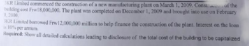 3KR Limited commenced the construction of a new manufacturing plant on March 1, 2009. Construction of the
building cost Frw18,000,000. The plant was completed on December 1, 2009 and brought into use on February
1,2010.
3KR Limited borrowed Frw12,000,000 million to help finance the construction of the plant. Interest on the loan
is 10% per annum.
Required: Show all detailed calculations leading to disclosure of the total cost of the building to be capitalized