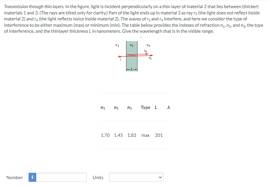 Transmission through thin layers. In the figure, light is incident perpendicularly on a thin layer of material 2 that lies between (thicker)
materials 1 and 3. (The rays are tilted only for clarity.) Part of the light ends up in material 3 as ray 13 (the light does not reflect inside
material 2) and r4 (the light reflects twice inside material 2). The waves of 13 and 14 interfere, and here we consider the type of
interference to be either maximum (max) or minimum (min). The table below provides the indexes of refraction n₁, n₂, and n3, the type
of interference, and the thinlayer thickness L in nanometers. Give the wavelength that is in the visible range.
Number
M
n₁
#1
Units
2
n₂
112
n3
1.70 1.45 1.83
118
14
Type L A
max
201