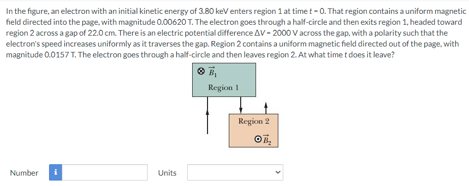 In the figure, an electron with an initial kinetic energy of 3.80 keV enters region 1 at time t = 0. That region contains a uniform magnetic
field directed into the page, with magnitude 0.00620 T. The electron goes through a half-circle and then exits region 1, headed toward
region 2 across a gap of 22.0 cm. There is an electric potential difference AV = 2000 V across the gap, with a polarity such that the
electron's speed increases uniformly as it traverses the gap. Region 2 contains a uniform magnetic field directed out of the page, with
magnitude 0.0157 T. The electron goes through a half-circle and then leaves region 2. At what time t does it leave?
B₁
Region 1
Number i
Units
Region 2
OB₂