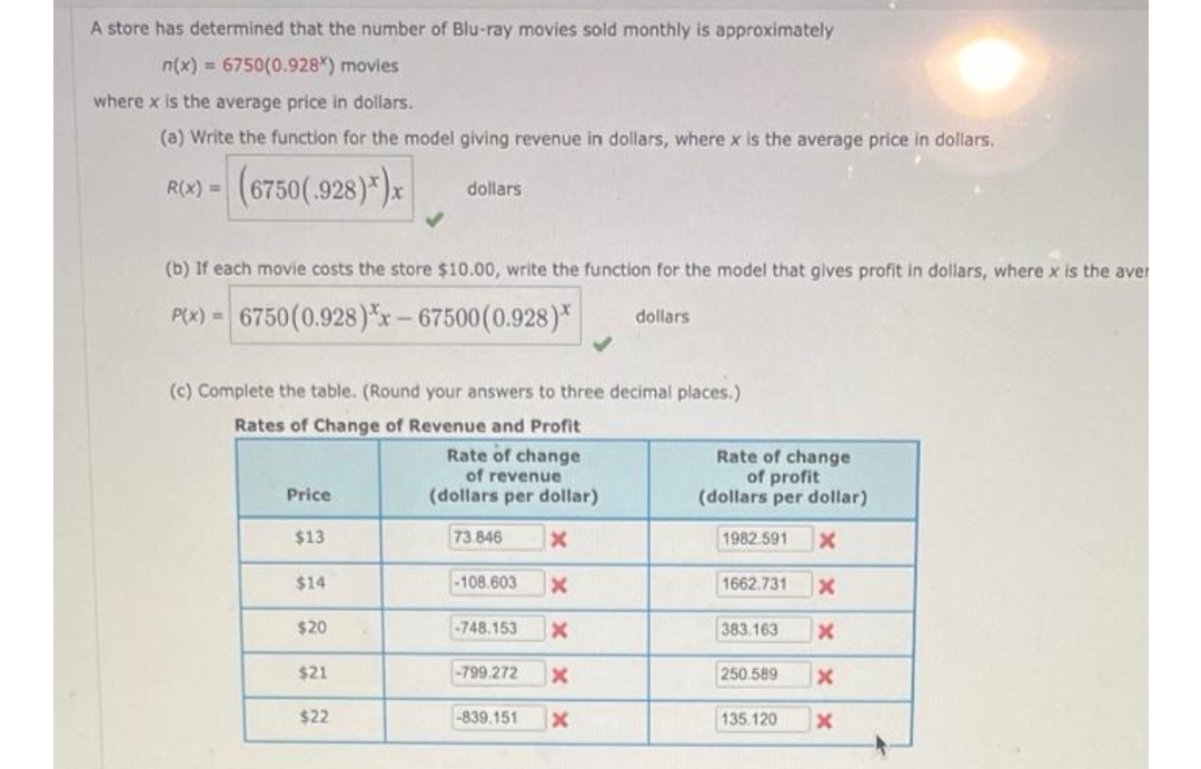 A store has determined that the number of Blu-ray movies sold monthly is approximately
n(x) = 6750(0.928*) movies
where x is the average price in dollars.
(a) Write the function for the model giving revenue in dollars, where x is the average price in dollars.
R(X) = (6750(.928)*)x
(b) If each movie costs the store $10.00, write the function for the model that gives profit in dollars, where x is the aver
P(x)=6750 (0.928)*x-67500(0.928)* dollars.
(c) Complete the table. (Round your answers to three decimal places.)
Rates of Change of Revenue and Profit
Rate of change
of revenue
(dollars per dollar)
73.846 x
Price
$13
$14
$20
dollars
$21
$22
-108.603
X
-748.153 x
-799.272
-839.151 x
Rate of change
of profit
(dollars per dollar)
1982.591 x
1662.731
383.163
250.589
135.120
x
x